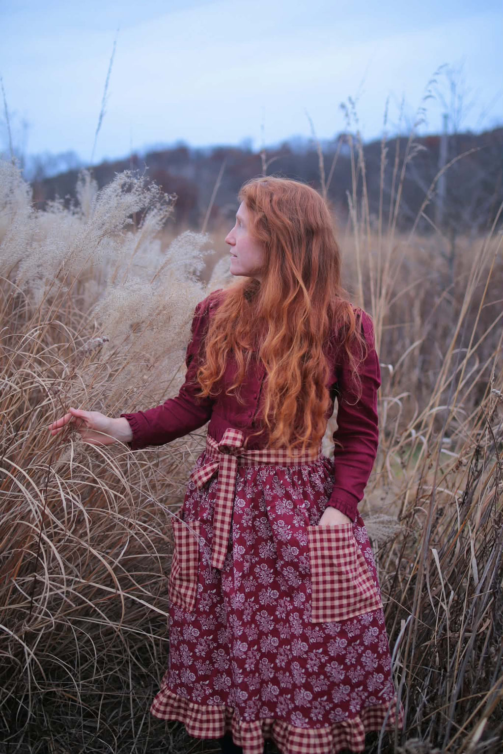 Burgundy Bouquet Ruffle Homepsun Apron