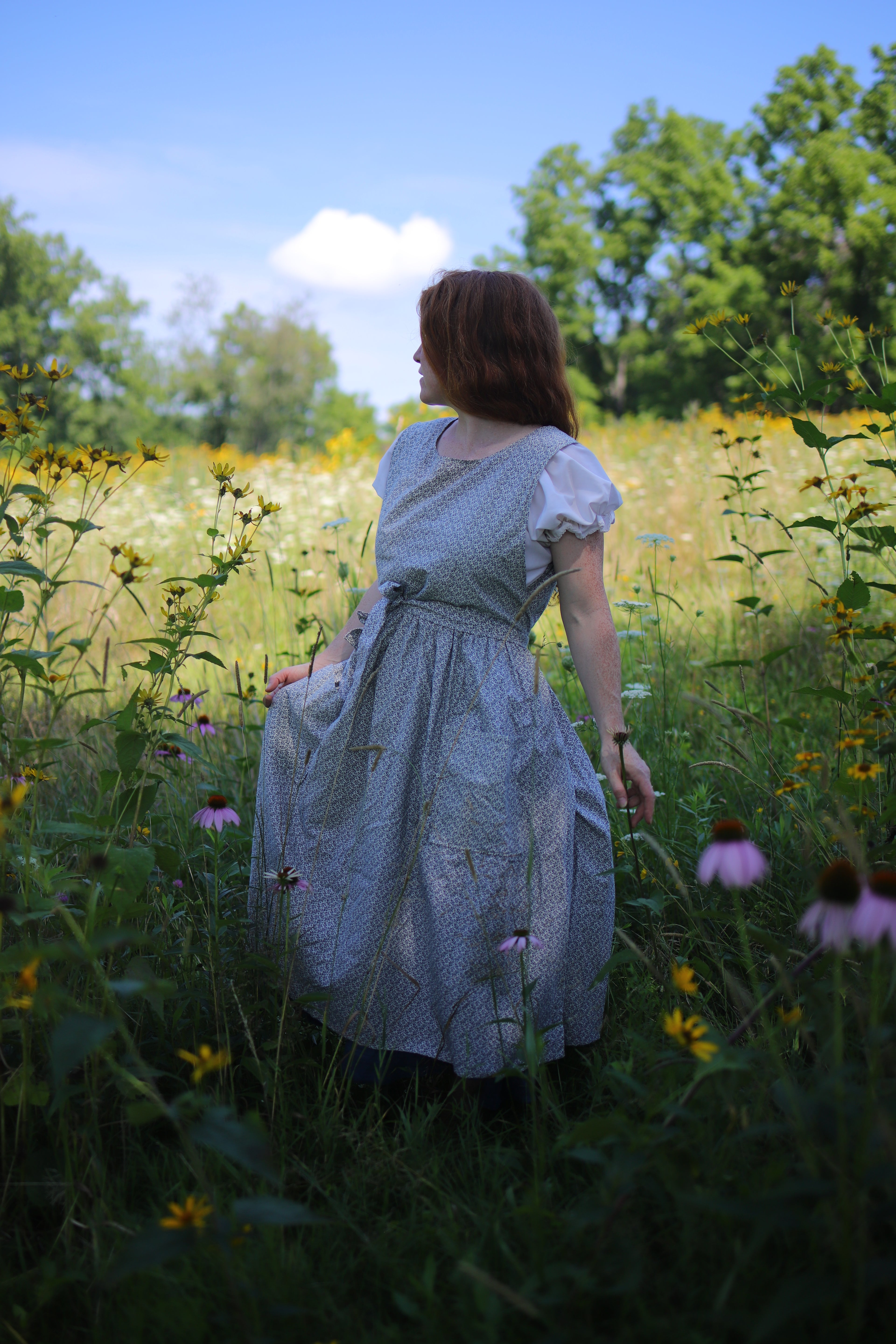 Navy Calico Vine Pinafore Dress