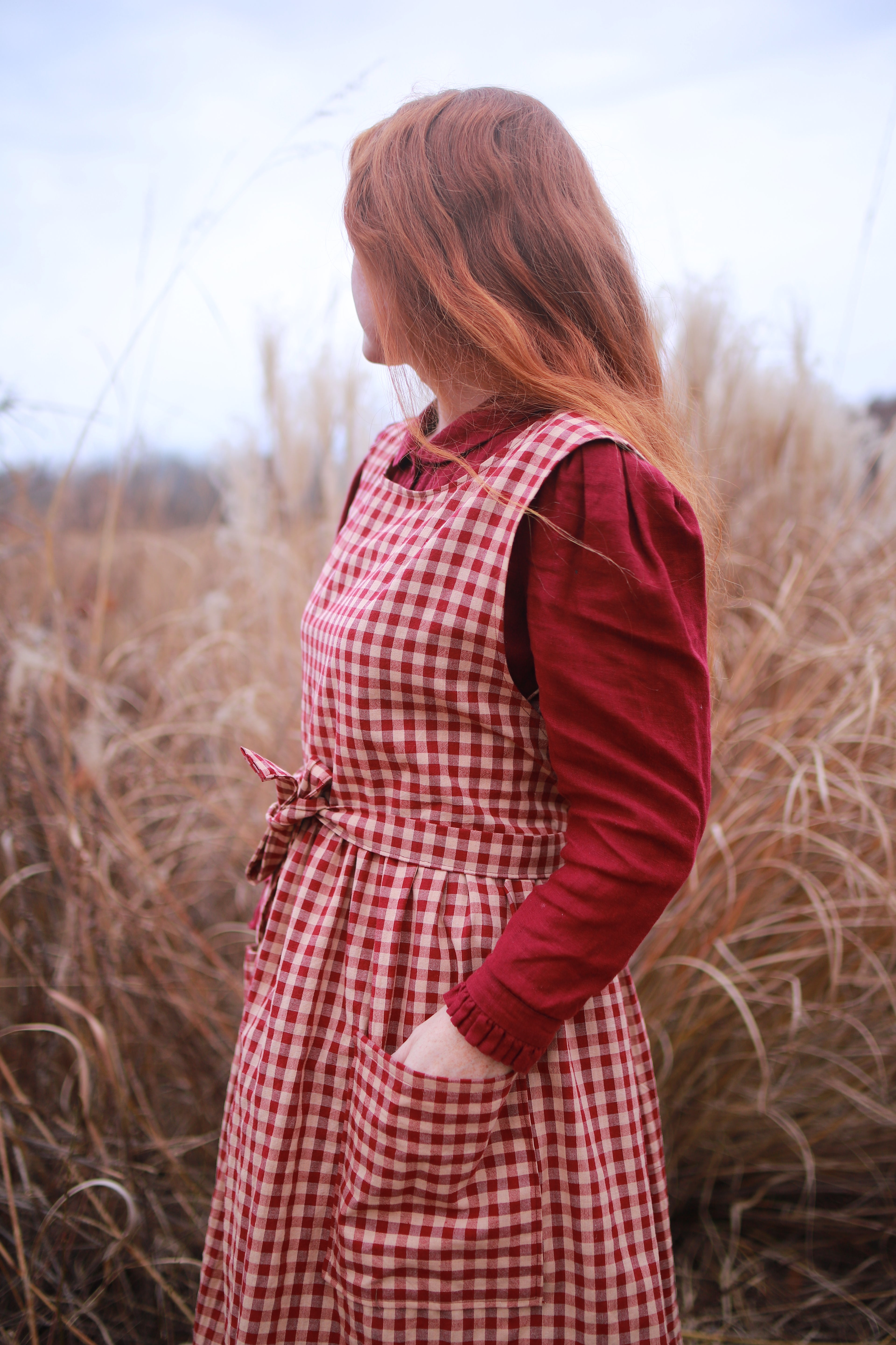 red gingham pinafore dress Wine Red Plaid Dress - Faux Wrap Pinafore Dress - Mini Dress
